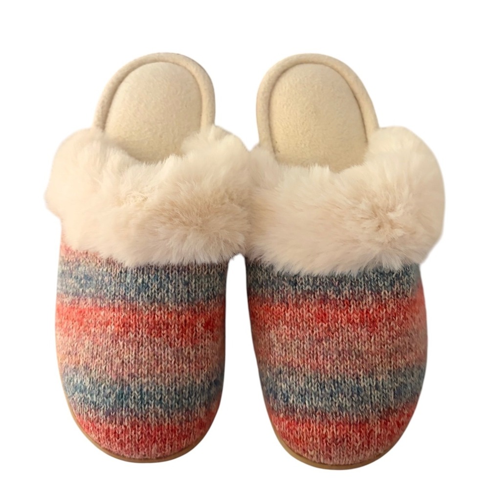 NEW ISO spa by isotoner Women 7.5-8 Knit Scuff Slippers Multi Color Faux Fur